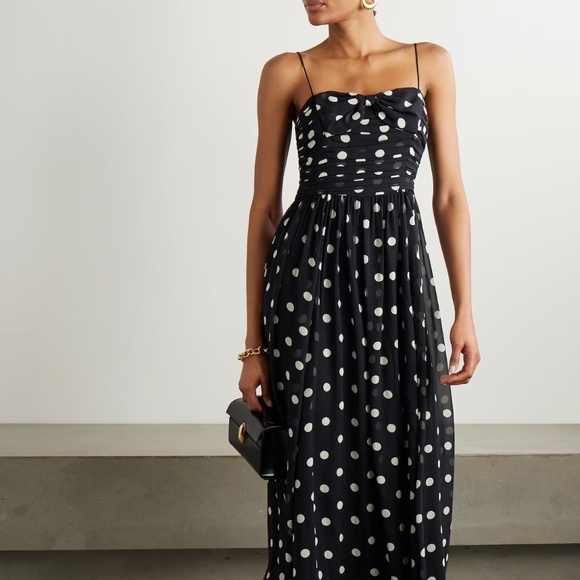 Doen Dresses & Skirts - DÔEN Maryanna bow-detailed ruched polka-dot silk-georgette midi dress NWT